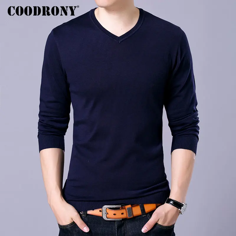 Tanie COODRONY marka sweter mężczyźni dzianina Pull Homme Streetwear klasyczny Casual sweter z dekoltem typu v neck mężczyźni jesień zima wełniane swetry 91054