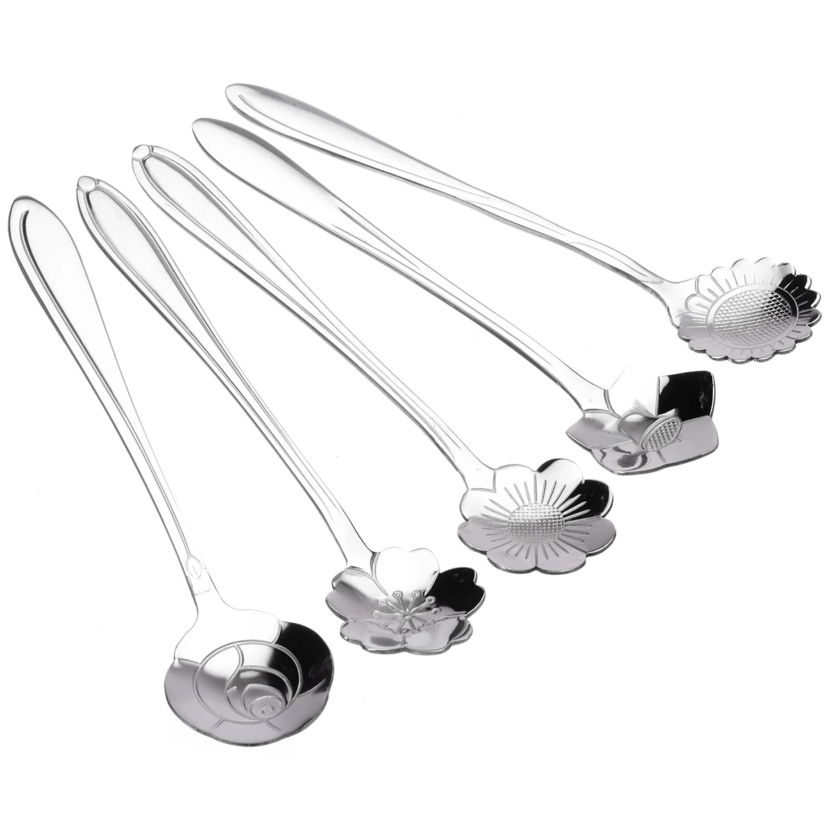 5pcs Stainless Steel Mixed Flower Shape Spoons Sugar Silver Coffee Spoon Teaspoons Ice Cream Flatware Tableware Kitchen Tool