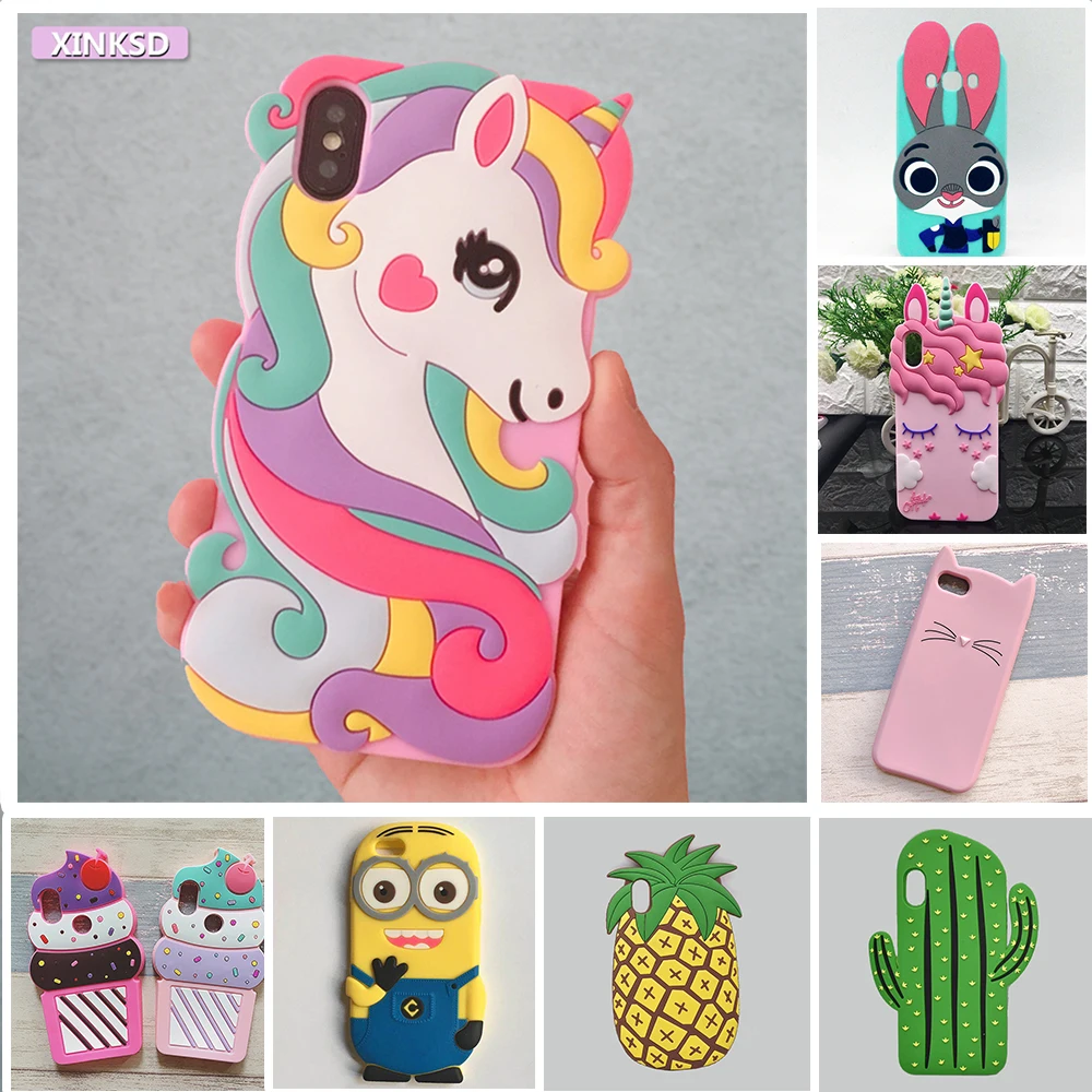 Silicone Cases For iPhone 6 6s with 3D Cute Animal Cartoon Unicorn Horse case for iphone xs xr xr max