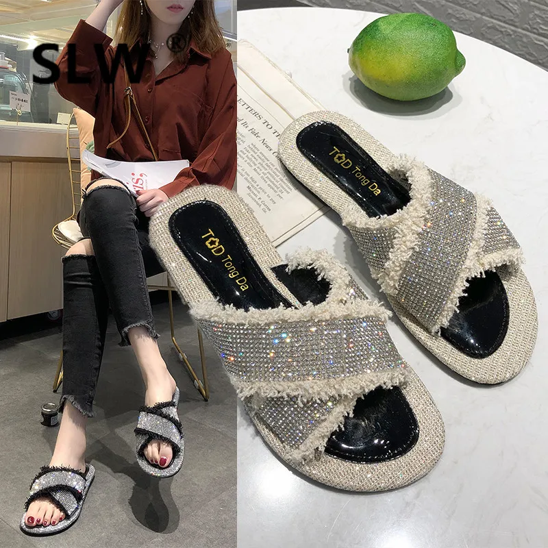 

slipper Spike Heels Flat women Slides Med summer Crystal Butterfly-knot sandals woman rhinestone Spike Heels summer women