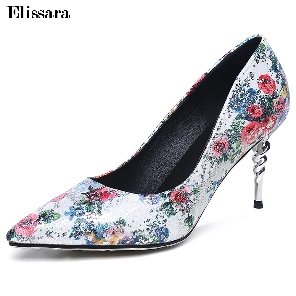 

Elissara Women High Heels Pumps Shoes Women Flower Print Pointed Toe Slip On Thin High Heels Party Dress Shoes Plus Size 33-42