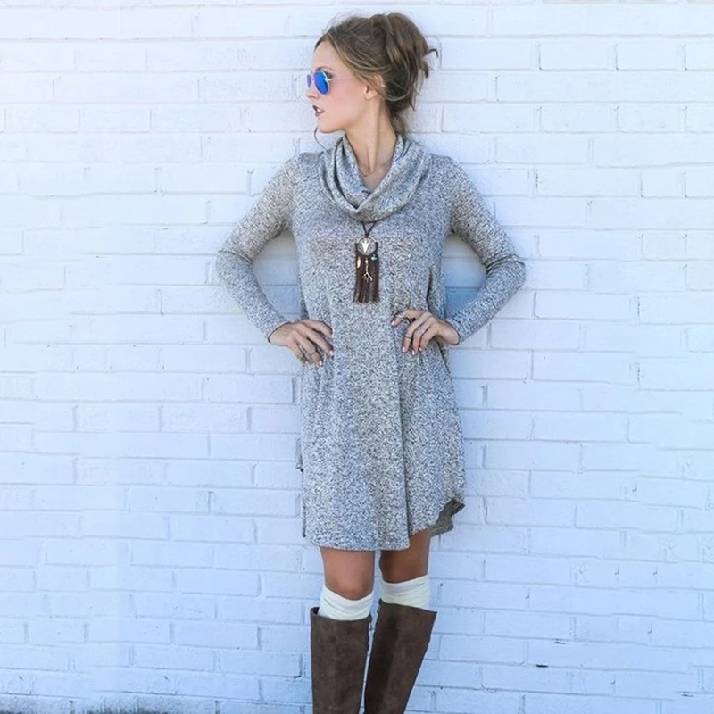 Knitted Mini Dress Autumn Winter Solid Color Cotton