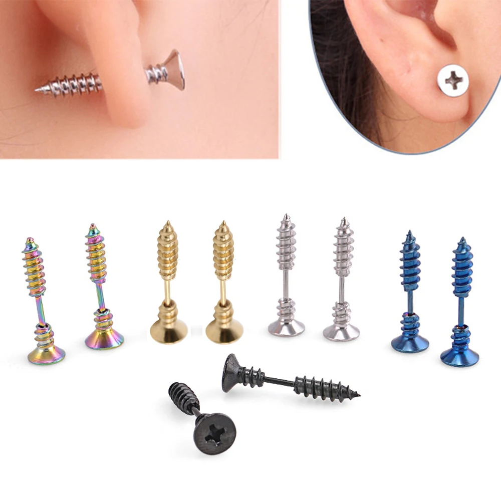 

1PCS Steampunk Screw Stud Earrings Fashion Design Stainless Steel Body Piercing Ear Stud for Men Women Anti Allergic