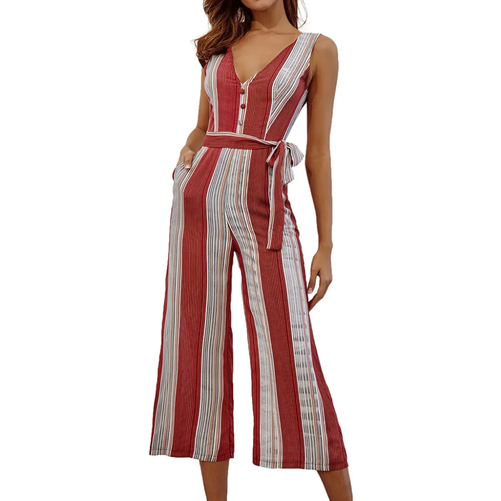 

Fashion Sleeveless V-neck Jumpsuits 2019 Women Casual High Waist Stripe Romper Sleeveless Tie Up Jumpsuit Wide Leg Pants HX0612