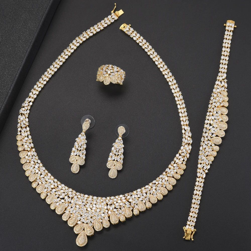 Delicate African Wedding Jewelry Sets For Women Teardrop Big Choker CZ Necklace Earrings Bracelet Ring Jewelry Sets For Bride