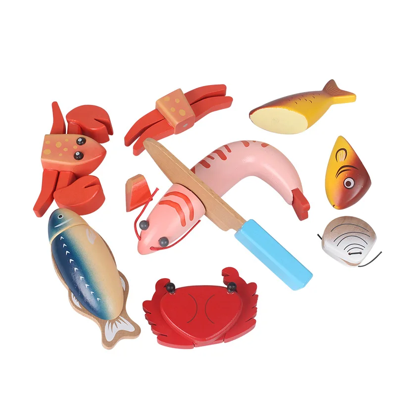  Candywood New High quality Baby Kids Wooden Kitchen Toys Cutting Bread Seafood fish food Set educat