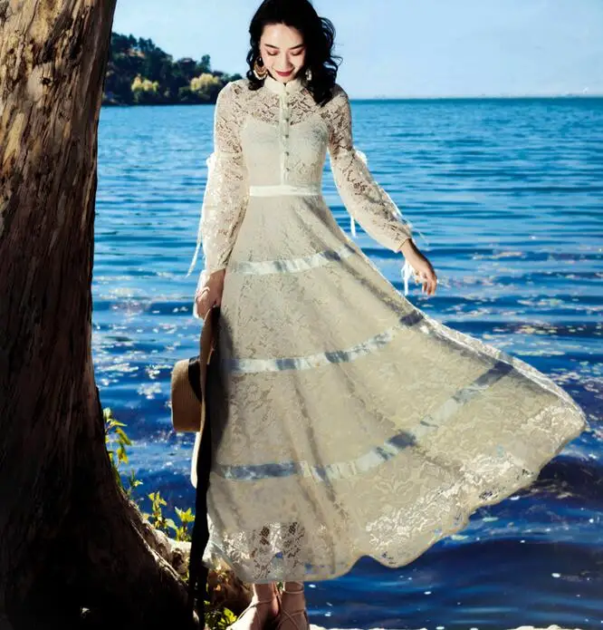 

High Quality Best-selling Elegant Party Queen 2019 New Arrival Stand Collar Lace Woman Long Dress