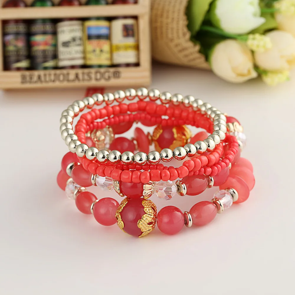 Bracelets For Woman 2016 New Beautiful Multilayer Red Rhinestone Beaded