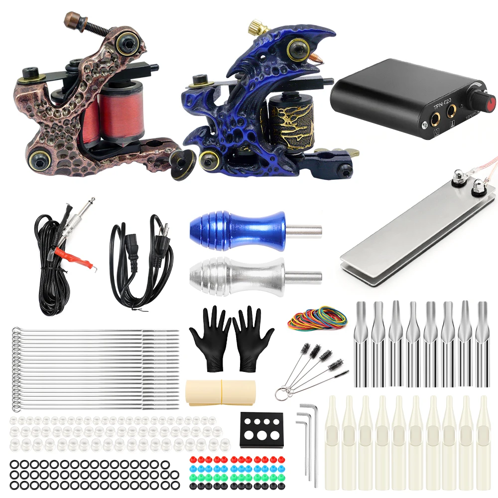 

Solong Tattoo Beginner 2 Coil Tattoo Machine Guns Kits Power Supply Foot Pedal 20 Needles Grip Tip Ink Cup TK201-5