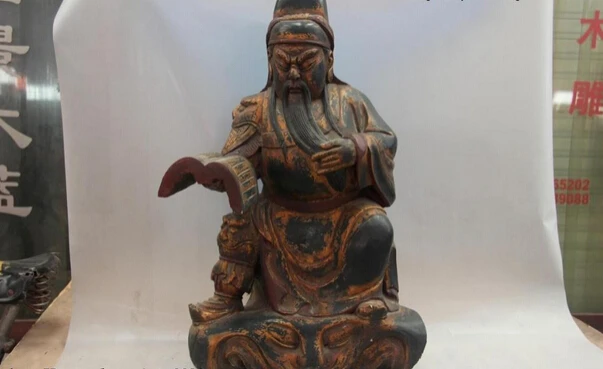 

USPS to USA S1024 Old Wood Handmade Carved lacquer with gold design Sit Read Book Guan Gong Statue (B0413)