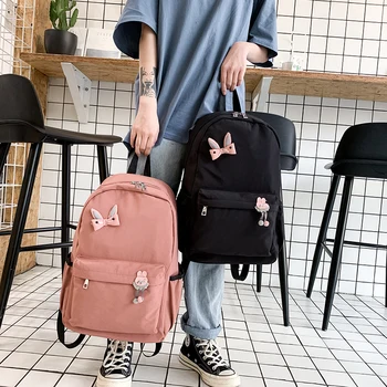 

Appliques Women Canvas Backpack Cute Bunny School Bags For Teenager Girls Female Large Capacity Travel Bolsa Mochilas Mujer 2019