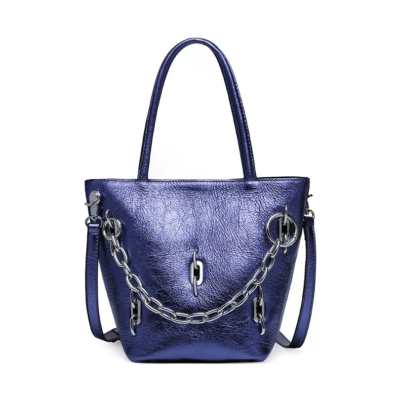 

Women's new design metal chain bucket type handbag Personality tide leather magnetic chain chain shoulder Messenger bag