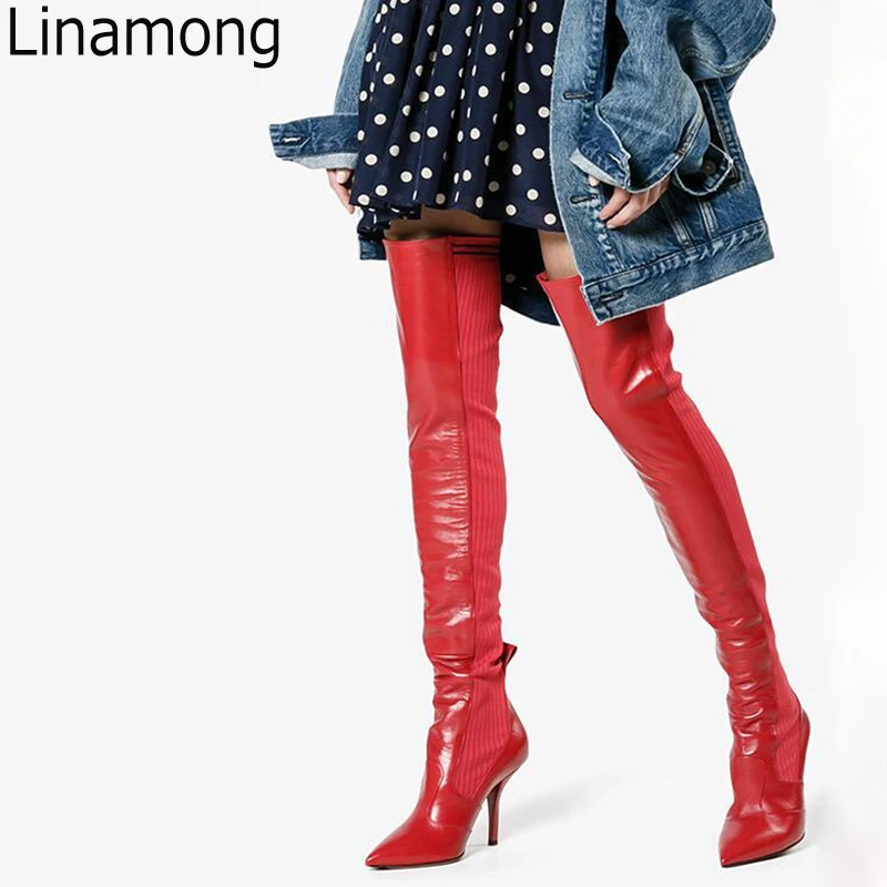 

Fall Sexy Women Stretch Fabric Leather Patchwork Thigh High Socks Boots High Heels Ladies Point toe Over Knee Long Knight Botas