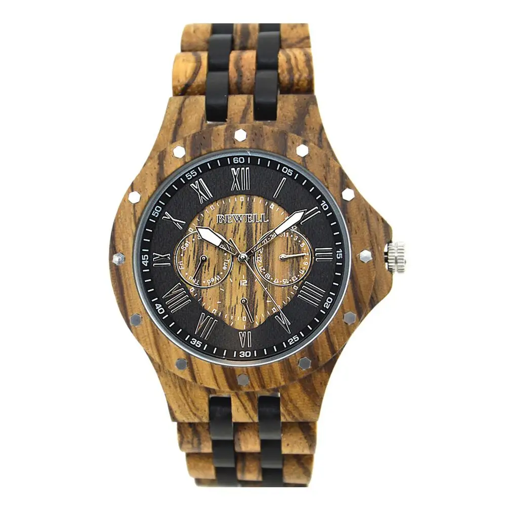 

BEWELL Men Wooden Watch Fashionable Waterproof Quartz Wrist Watch Ornament Valentine's Day Gift (with Gift Box)