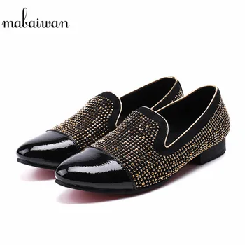 

Mabaiwan Fashion Casual Shoes Black Suede Loafers Smoking Gold Crystal Prom Slipper Dress Shoes Men Genuine Leather Party Flats