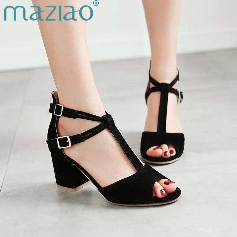 

MAZIAO New Summer Women Sandals Gladiator Shoes for Women Thick High Heel Sandals Open toe T Straps Wedding Shoes Pink Red Black