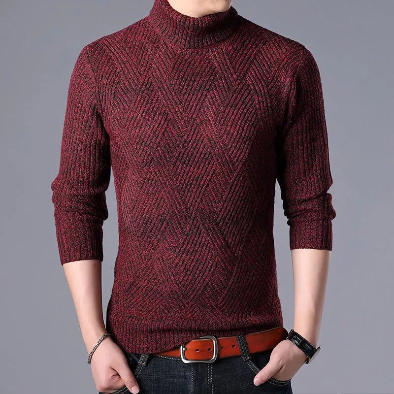 2019 New Autumn Winter Men's Sweater Turtleneck Solid Color Casual Sweater Pull Homme	Men's Slim Fit Brand Knitted Pullovers