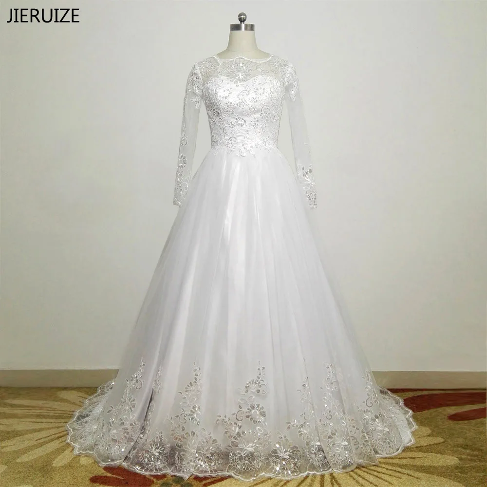 Женское свадебное платье JIERUIZE белое кружевное с длинными рукавами и аппликацией