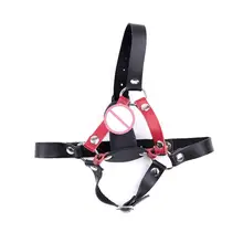 Leather BDSM Harness Gag with Dick Silicone Dildo Adjust Deep Mouth Plug for Couples