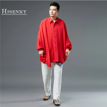 

Hisenky 2018 Autumn Men's Red Shirt Chinese Ethnic Long Sleeve Literary Jacket National Clothing Loose Casual Cotton Shirts