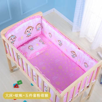 

Baby Wooden Crib with Mosquito Net Baby Rocking Crib with Roller Newborn Infant Game Bed Computer Table Baby Cot Bedding Set