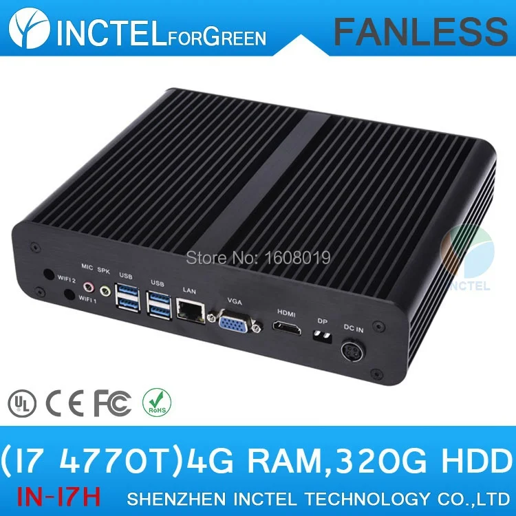 Mini desktop computer fanless pc i7 with Intel Quad Core i7 4770T 2.5Ghz CPU HDMI VGA display 4G RAM 320G HDD Linux
