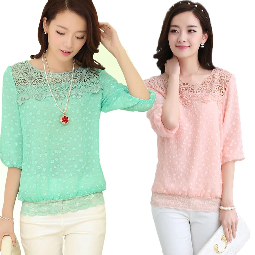 

New 2015 Spring Lace Chiffon T shirt Korean Version Was Thin Big Yards Female Crochet Round Neck Chiffon Shirt Casual / Vestidos