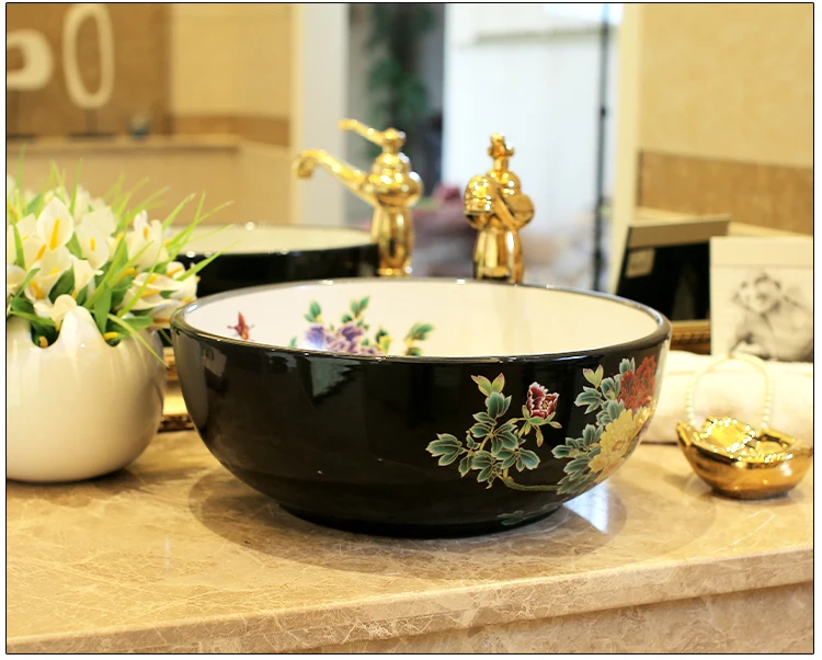 Europe Vintage Style Lavobo Ceramic Washing Basin Counter top Bathroom Sink hand painted vessel sinks Peony painting black (5)
