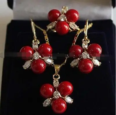 

FREE SHIPPING HOT sell new Style >>>> 8MM Red South sea Shell Pearl Earrings /Ring / Necklace Pendant Set 18
