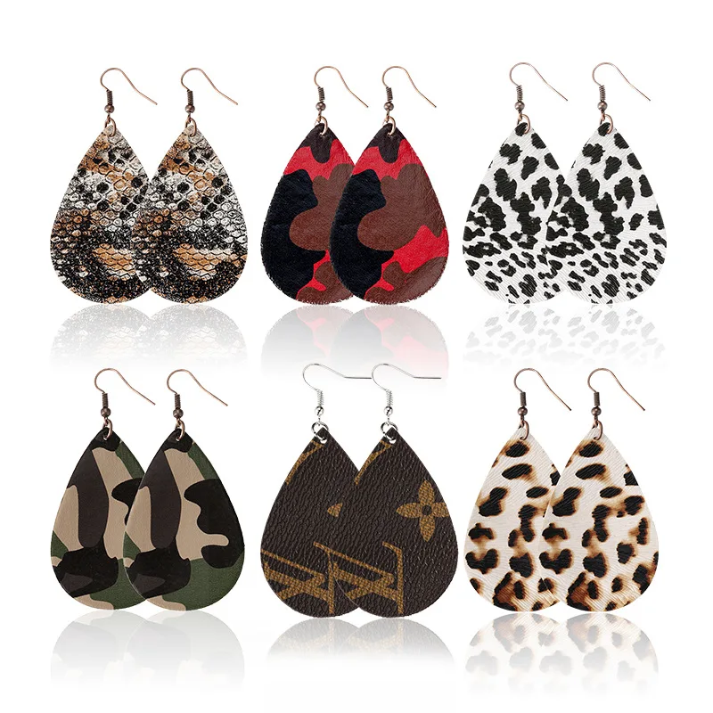 

Floral Print Leopard Teardrop Leather Earrings Glitter Antique Lightweight Natural Texture Lattice Handmade Fashion