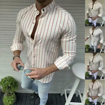 

2019 Fashion Cool Tops Men Summer Striped Slim Fit Casual Shirts Blouse O neck Casual Shirt