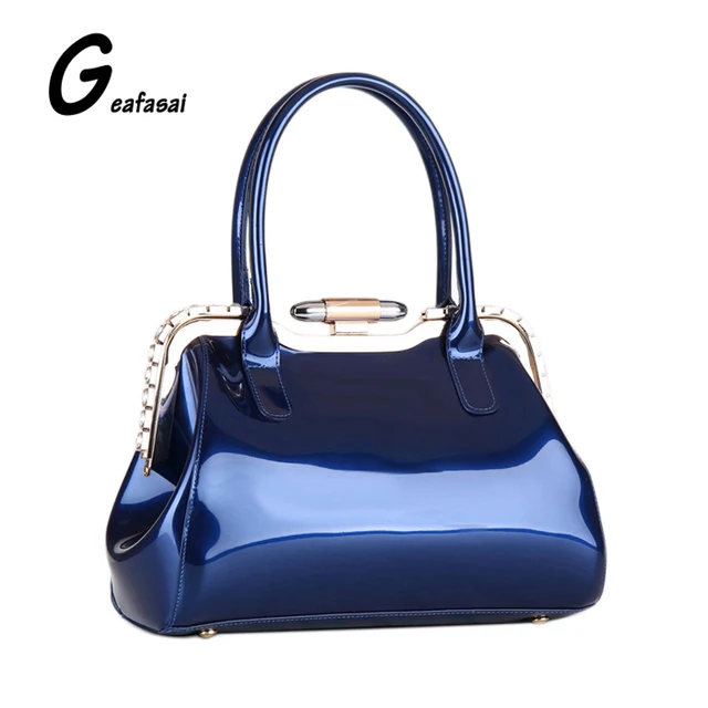 Blue Rose Red Las Glossy Light Patent Leather Boston Handbags Blue Rose Red Las Glossy Light Patent Leather Boston Handbags Bags Hasp Diamond Metal Frame For