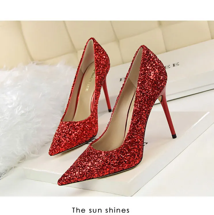 

luxury brand Large size fashion Gold Night club High heel Sequin Party noble gucced sexy women's Pumps Ladies girl Wedding shoes