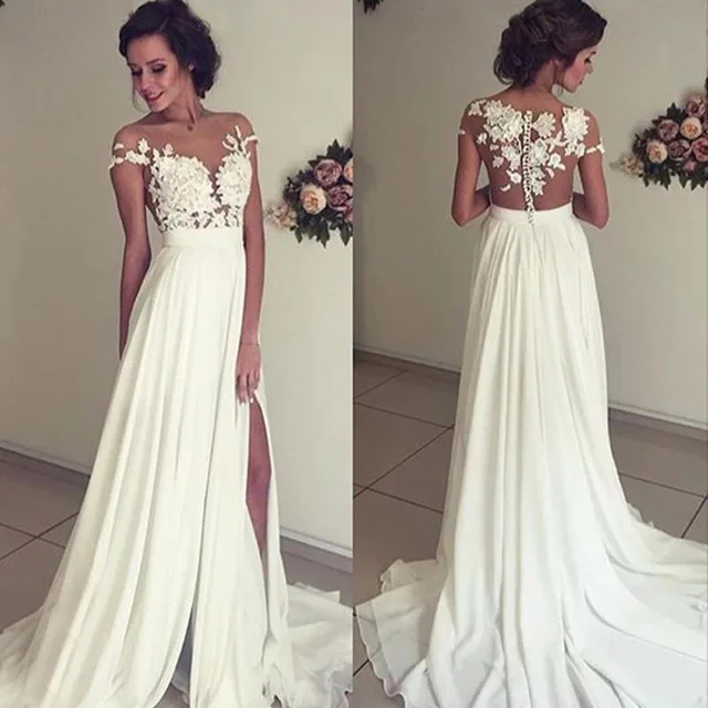 

Vintage Lace Chiffon Wedding Dresses 2019 vestido de novia Illusion Side Split A Line Bridal Gowns Custom Made Sheer gelinlik