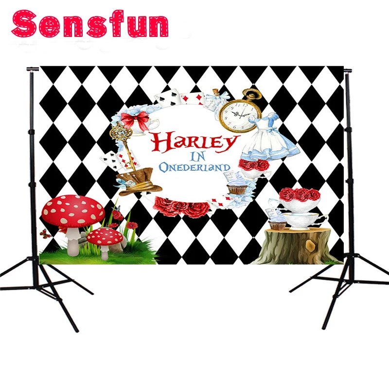 

Sensfun Birthday Custom Photo Studio Backdrops Alice in Wonderland Background Banner Vinyl fabric Cartoon Photocall 7x5ft