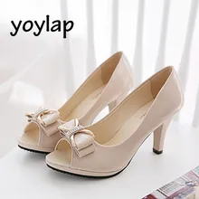 2018 Summer High Heels Open Toe Sandals with Korean Bow Patent Leather Black White Beige Thin Heels Female Shoes