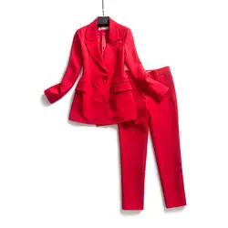 Женский костюм модный двубортный красный пиджак Тонкий девять брюки костюм Весна и лето новый женский костюм из двух предметов