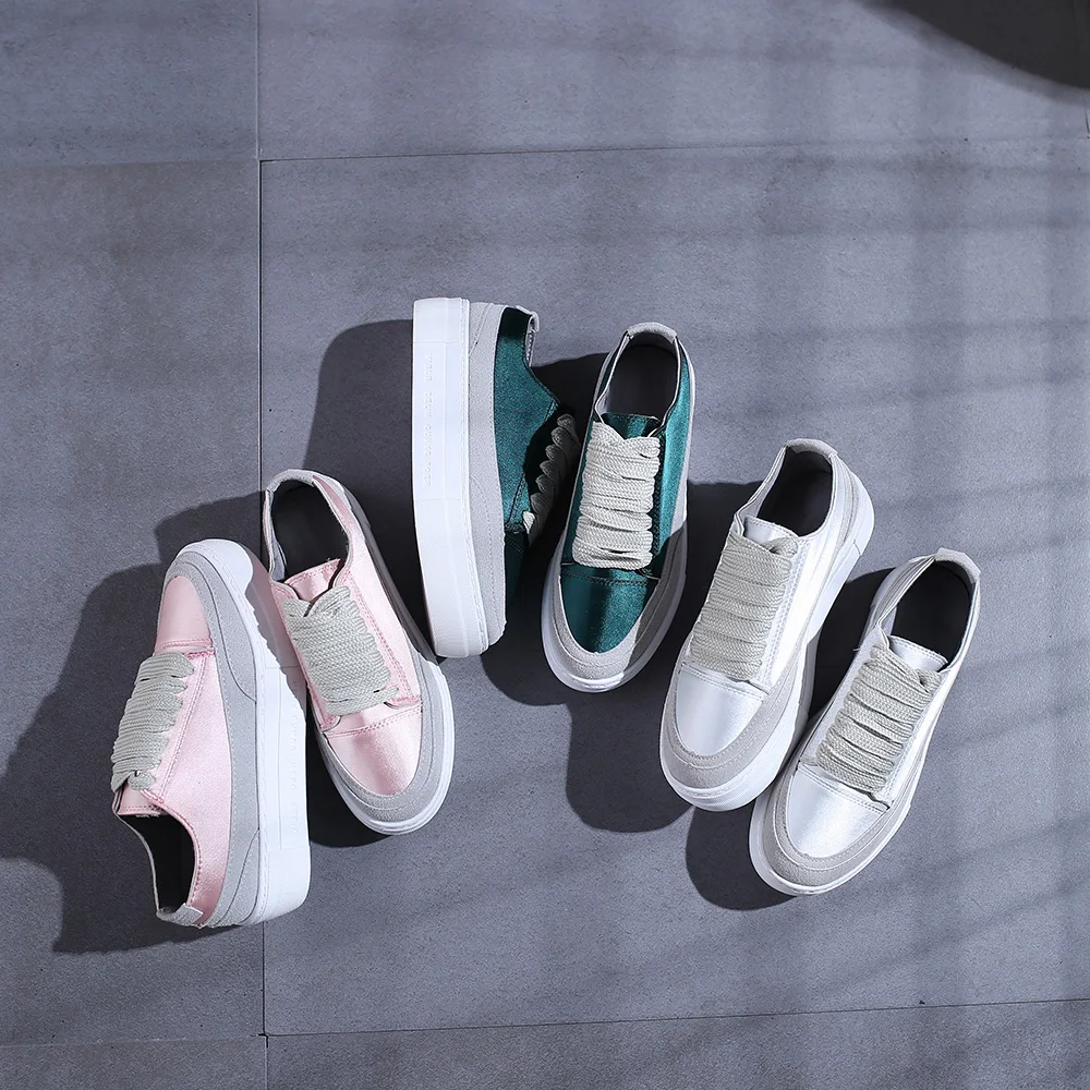

Fashion Women Flats Bling Patchwork Sneakers Platform Shoes Satin Creepers Casual Shoes Round Toe Lace Up spring summer autumn