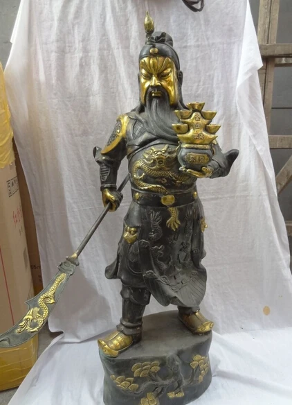 

JP S0114 32" Chinese Bronze Gilt Dragon Head Warrior YuanBao GuanGong GuanYu God Statue