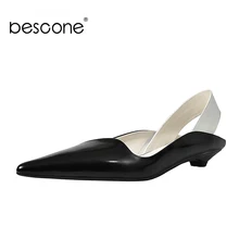 BESCONE Summer Women Pumps Genuine Leather Low Heels Pointed Toe Casual Shoes Slingback Design Comfortable Ladies Pumps BO208 ladylike women s pumps with patent leather and pointed toe design