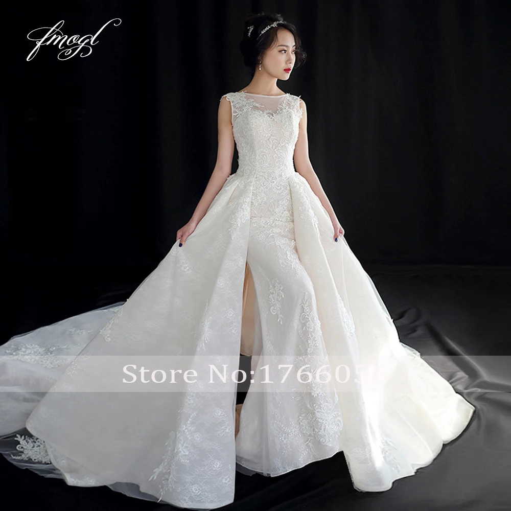 Ангел мечты Vestido De Noiva кружева Свадебные платья Русалочки 2019 совок шеи Съемная Поезд аппликации из бисера винтажное свадебное платье