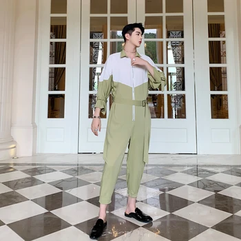 

2019 New Chinese Style Men's Summer Color Matching Belt Decoration Seven-point Sleeve Nine Pants Loose Casual One-piece Suit