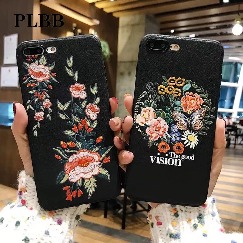 

PLBB Embroidery Butterfly Bee Flower Fish Floral Cases For iPhone X 8 7 6 6s Plus 5 5S SE Ultra Slim Soft TPU Shockproof Cover