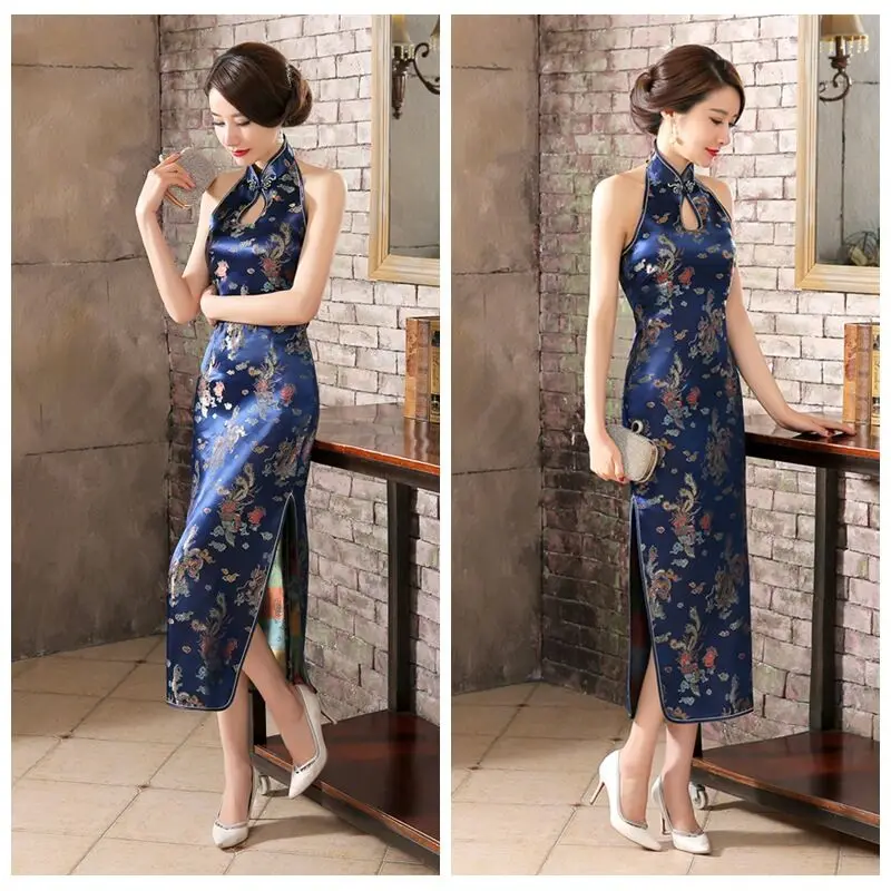 Китайская традиционная Для женщин Cheongsam сатиновое платье-Ципао в китайском стиле Стиль платье с лямкой на шее, для вечеринок, с вырезом на спинке, облегающее китайское свадебное Ципао Vestido