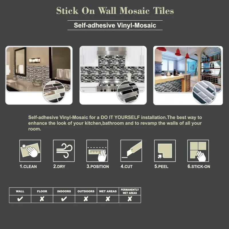 White Grey Marble Mosaic Peel and Stick Wall Tile Self adhesive Backsplash DIY Kitchen Bathroom Home Wall Decal Sticker Vinyl 3D