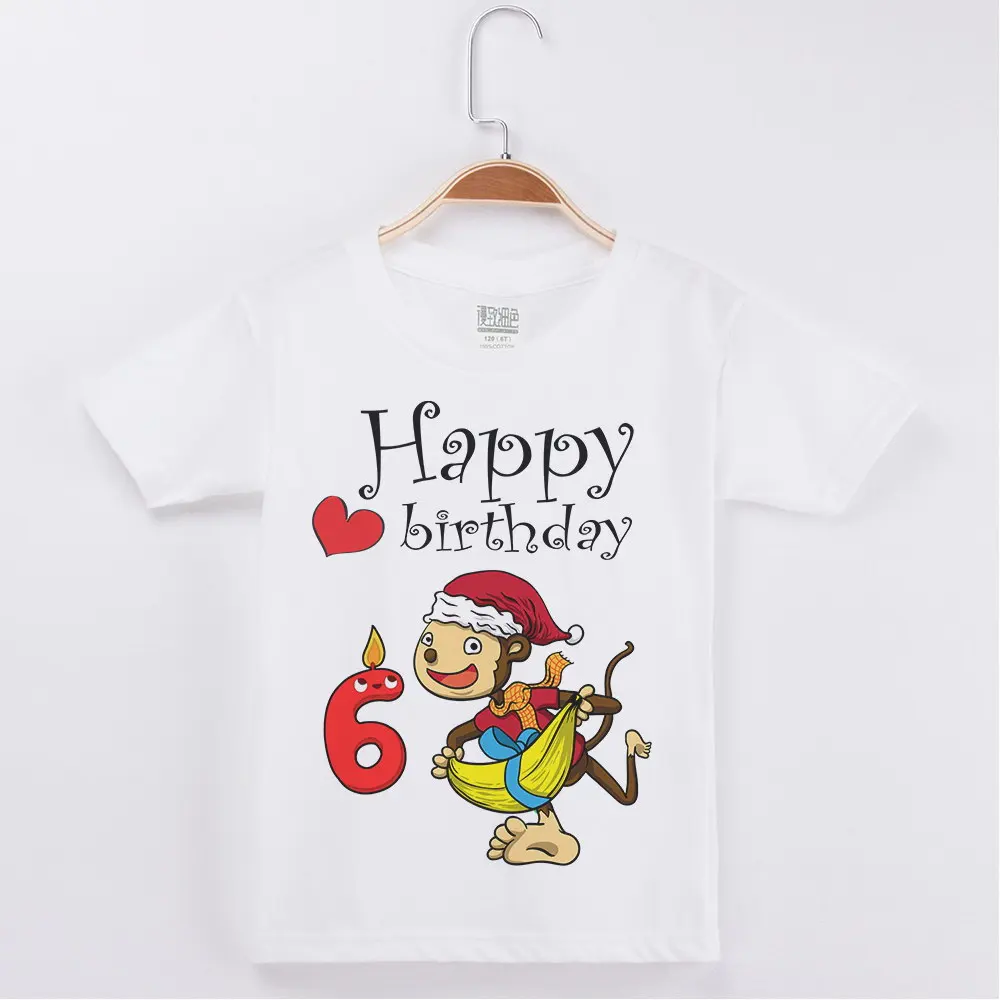 Детская одежда, футболка для девочек с днем рождения, Kawaii Monkey Pirnt, хлопковая детская одежда с короткими рукавами, вечерние футболки - Цвет: White 6Y