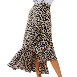 Женские сексуальные леопардовые принты боковые юбка с разрезом с высокой талией Раффлед ретро тонкие широкая юбка осенние модные юбки до