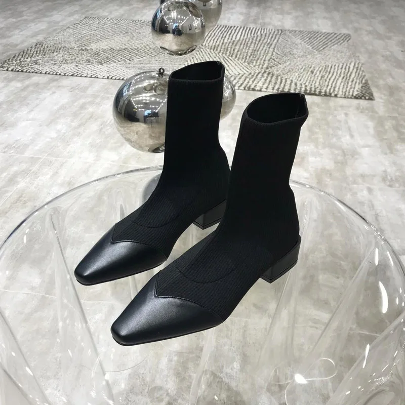 MONMOIRA/растягивающиеся вязаные сапоги-носки в стиле пэчворк; женские винтажные ботильоны с квадратным носком; теплая зимняя женская обувь; SWE0575 - Цвет: black