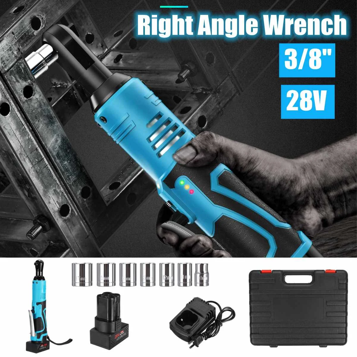 

Cordless 3/8'' Electric 28V 60N.m Rechargeable Ratchet 90 Degree Right Angle Wrench Set Portable Power Tool wrench Quick Charger