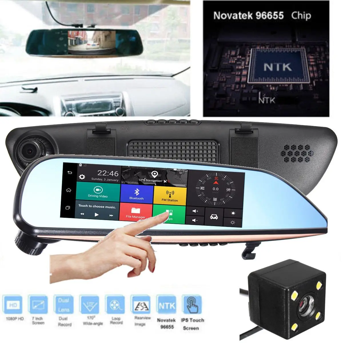 1080p FHD 7 Inch Touch Screen Dual Lens Car Reviewer Mirror Dash font b Camera b